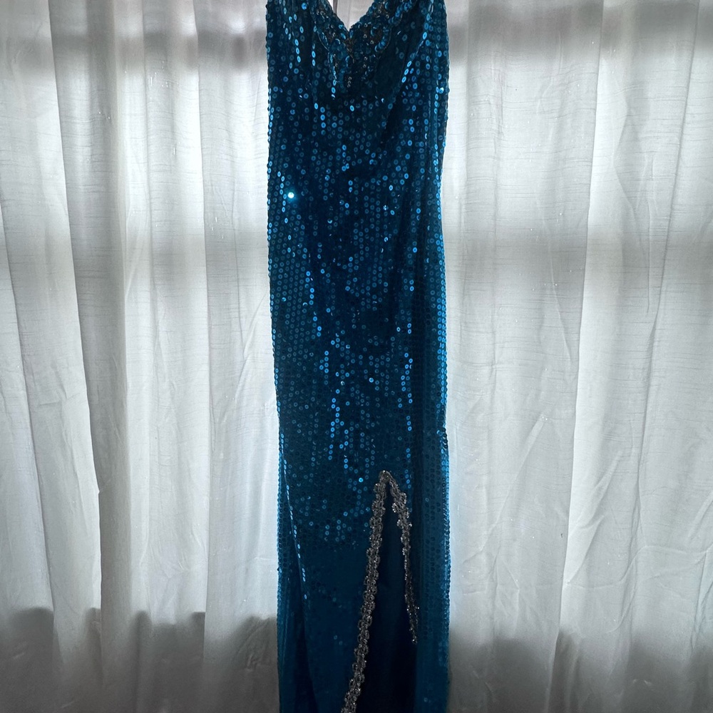 Vintage early 1980’s- Blue Sequin Gown with Silver Trim